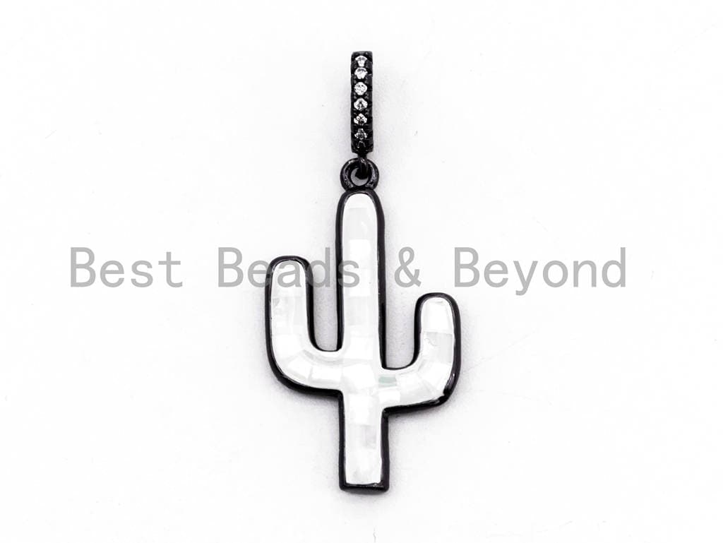 CZ Micro Pave CACTUS Pendant with Mother of Pearl Shell, Cubic Zirconia Pave Findings, 16x28mm, 1pc, SKU#F464