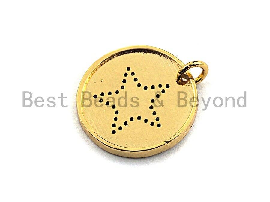 CZ Colorful Micro Pave Round Gold With Five Star Pendant, Coin Shaped Pave Pendant, Gold plated, 21x21mm, Sku#F869