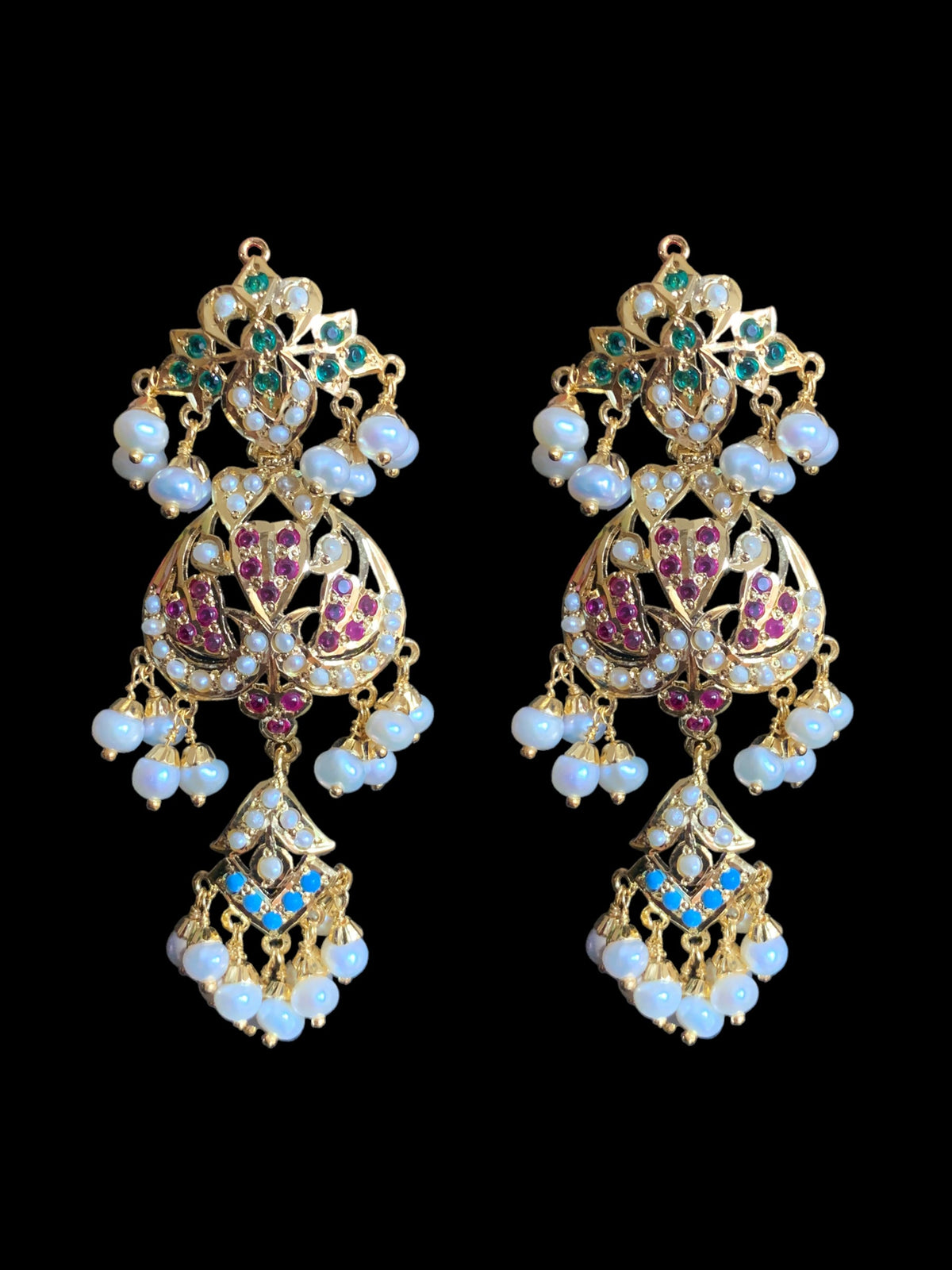 Navratan necklace  set with fresh water pearls in gold plated silver ( READY TO SHIP )