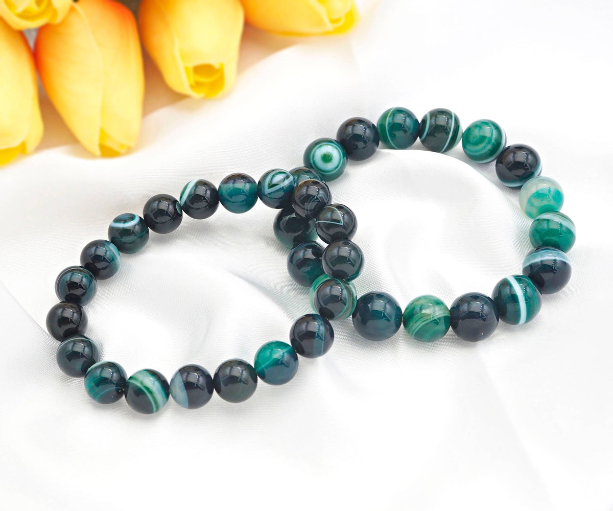 Green Banded Agate Stretchy Bracelet, EF10c
