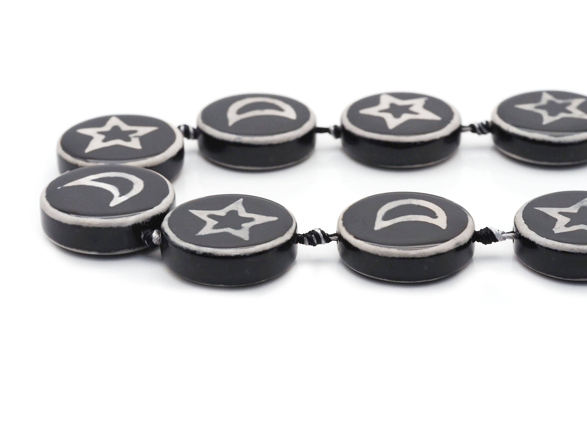 Natural Black White Moon Star Tibetan Agate Smooth Coin Beads, 30mm, Sku#U1403