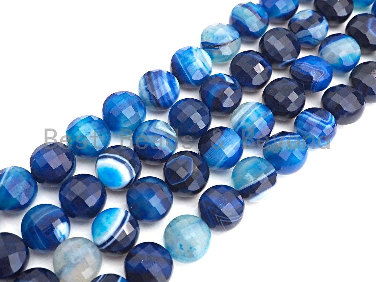 SPECIAL Double Sided Turtle Shell Cut Natural Blue Agate Coin Shape beads, 8mm/10mm Checkerboard Cut Agate Beads, 16" Full strand, Sku#U749