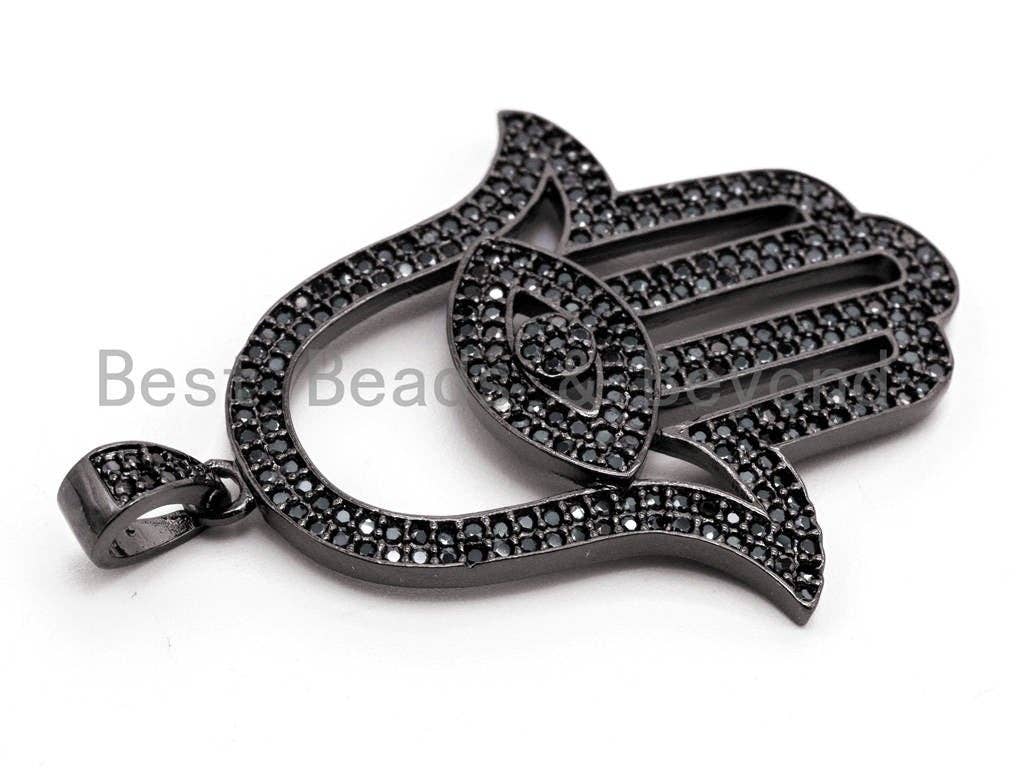 Black CZ Pave On Black Micro Pave Hamsa Hand With Evil Eye Charm, Fashion Jewelry Findings Pave Charm, Pave Dangle Charms,34x48mm, Sku#F377