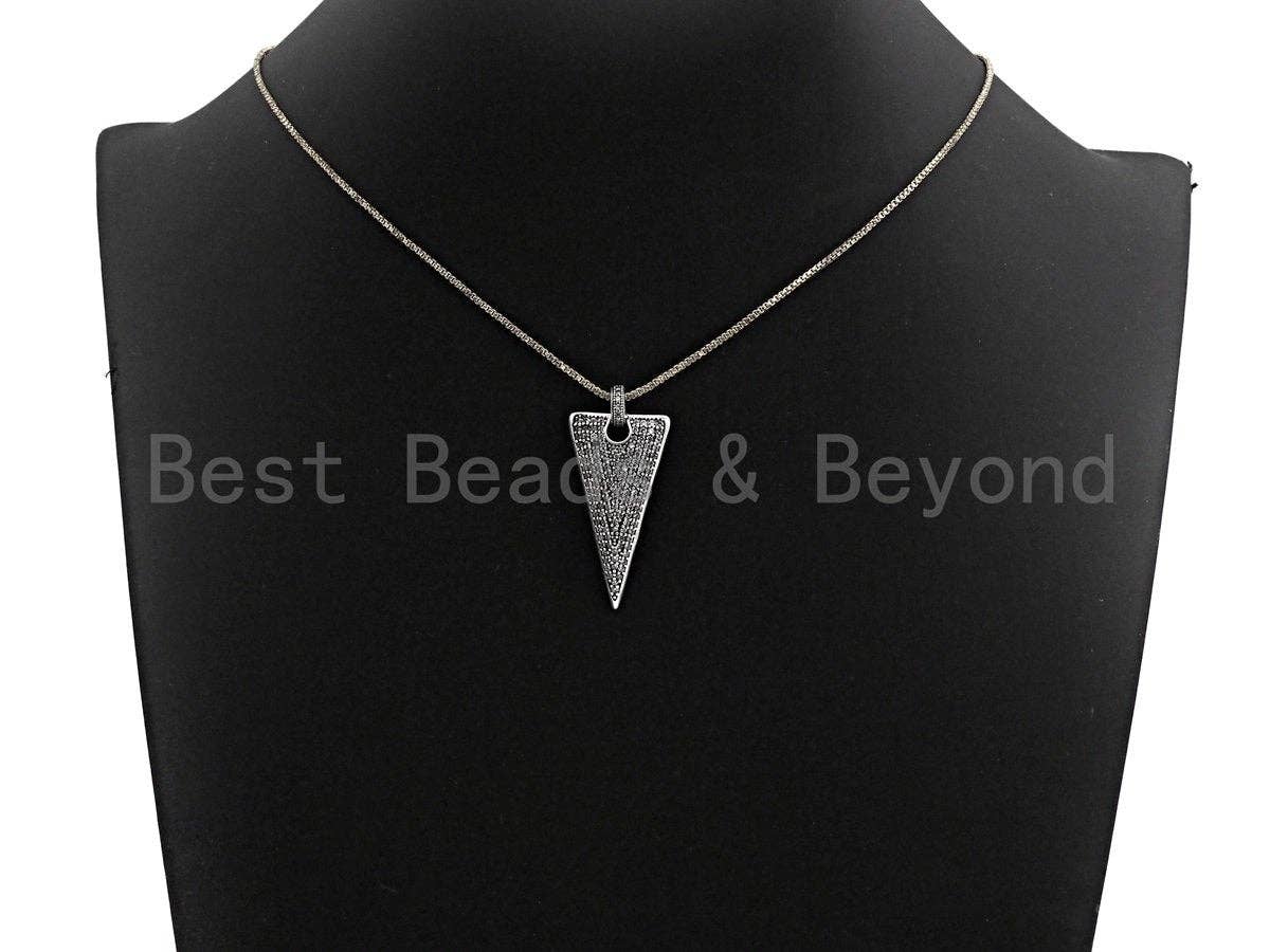 CZ Micro Pave Triangle Shape Pendant, Antique Silver Tone, Cubic Zirconia Pave Triangle Pendant, 18x35mm,sku#F1026