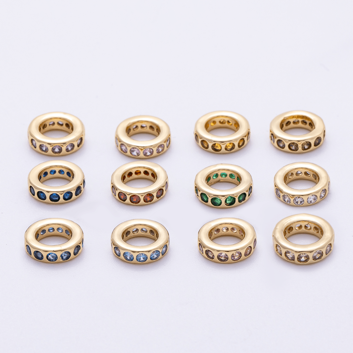16K Gold Filled 10mm Personalized Round Dotted Birthstone CZ Rondelle Spacer Set | Beads-00248 ~ Beads-00259