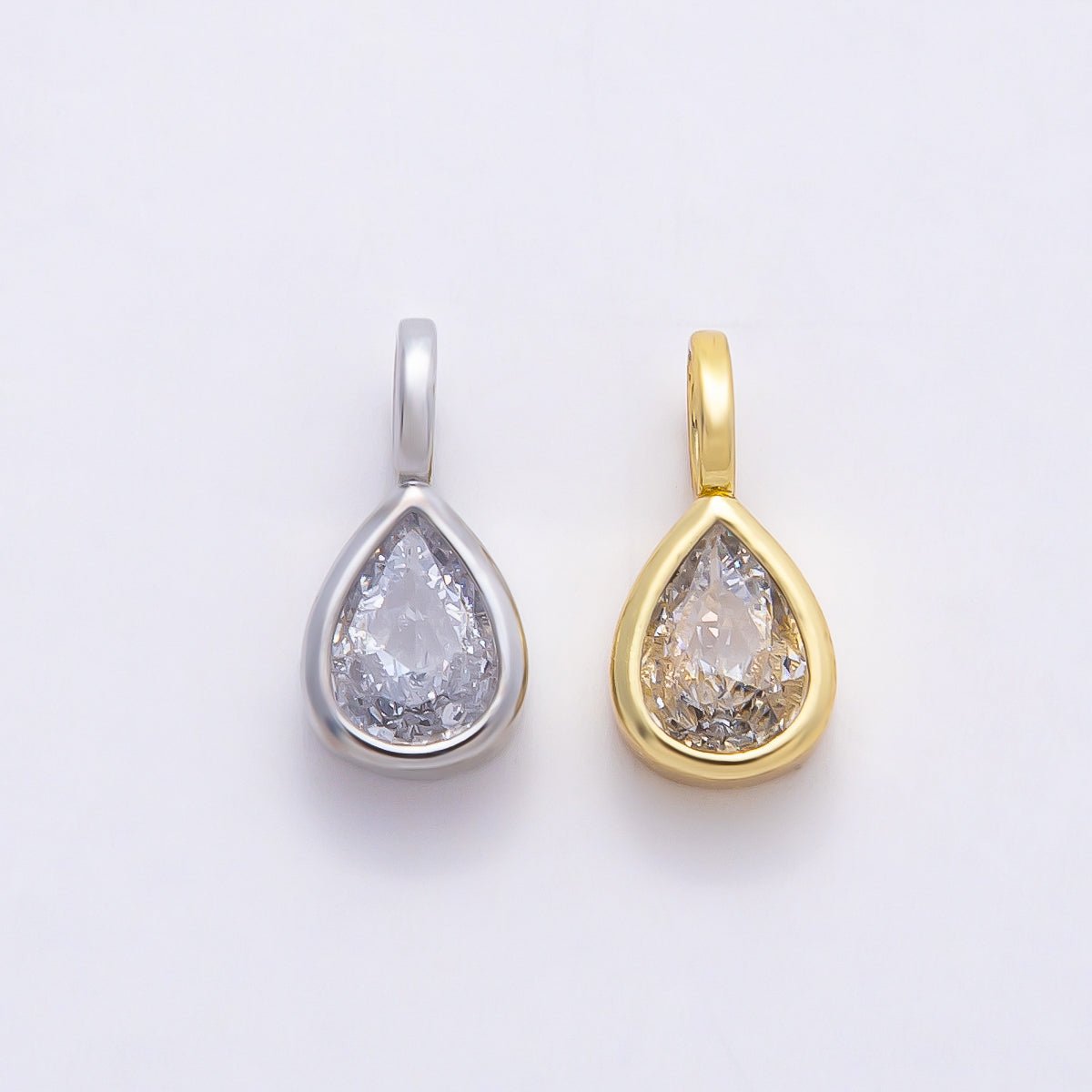 16K Gold Filled 13mm Clear CZ Teardrop Bezel Solitaire Pendant in Gold & Silver | Charms-00842 Charms-00843