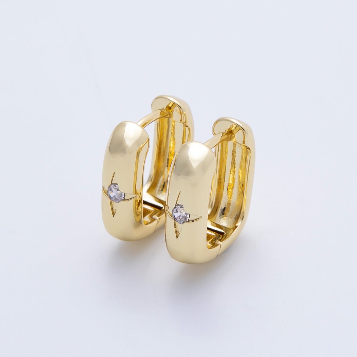 16K Gold Filled 14mm Clear CZ Celestial North Star Oblong Hoop Earrings | Earrings-00342