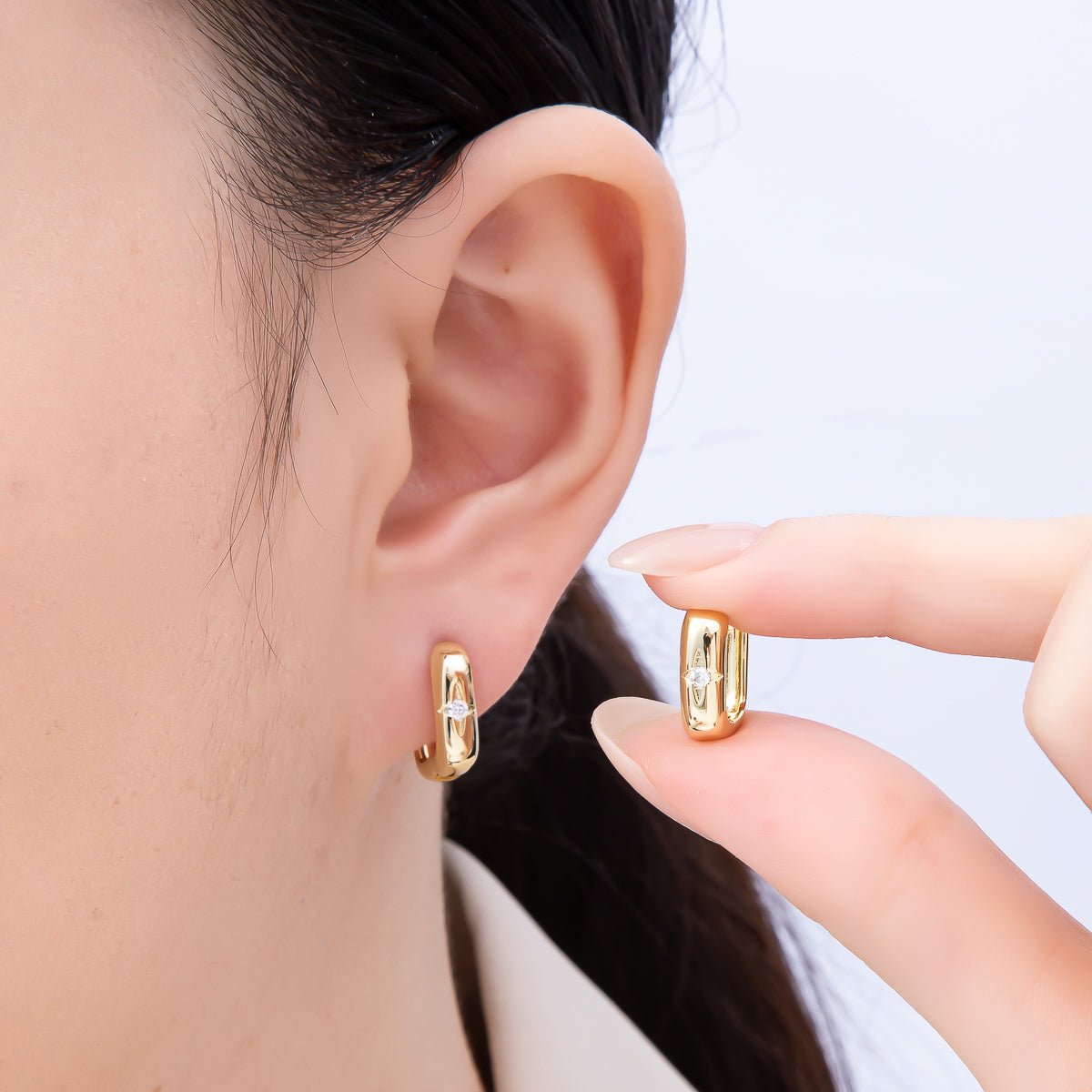 16K Gold Filled 14mm Clear CZ Celestial North Star Oblong Hoop Earrings | Earrings-00342