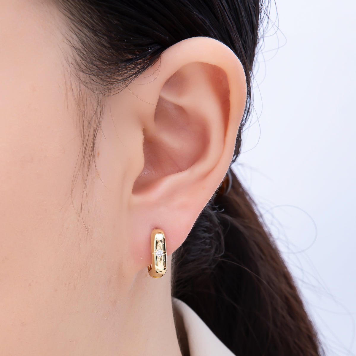16K Gold Filled 14mm Clear CZ Celestial North Star Oblong Hoop Earrings | Earrings-00342