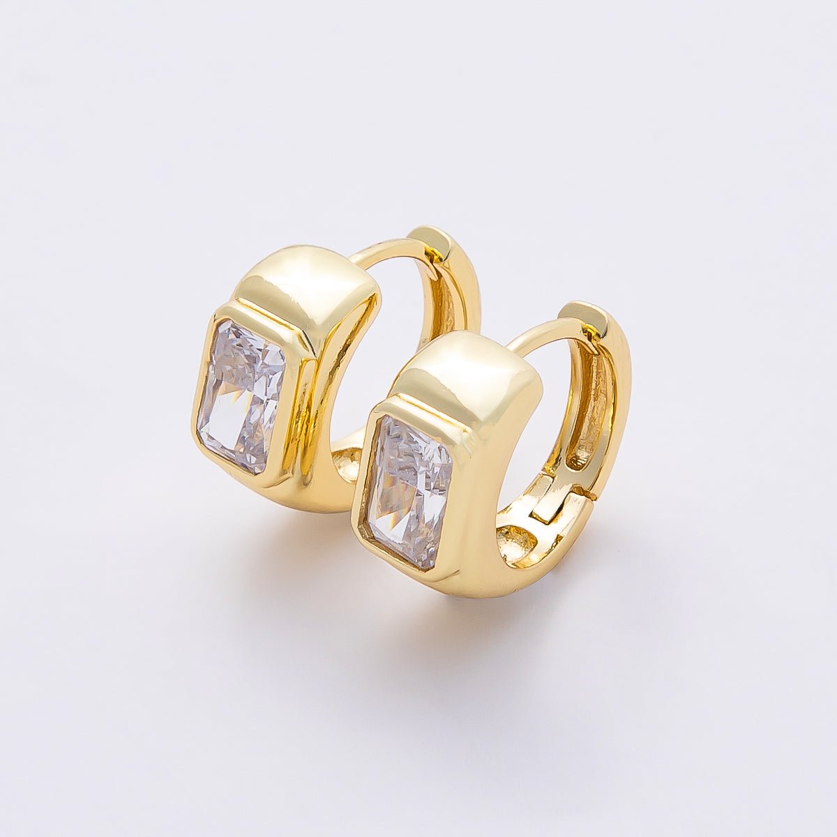 16K Gold Filled 16mm Baguette CZ Wide Huggie Hoop Earrings | Earrings-00365
