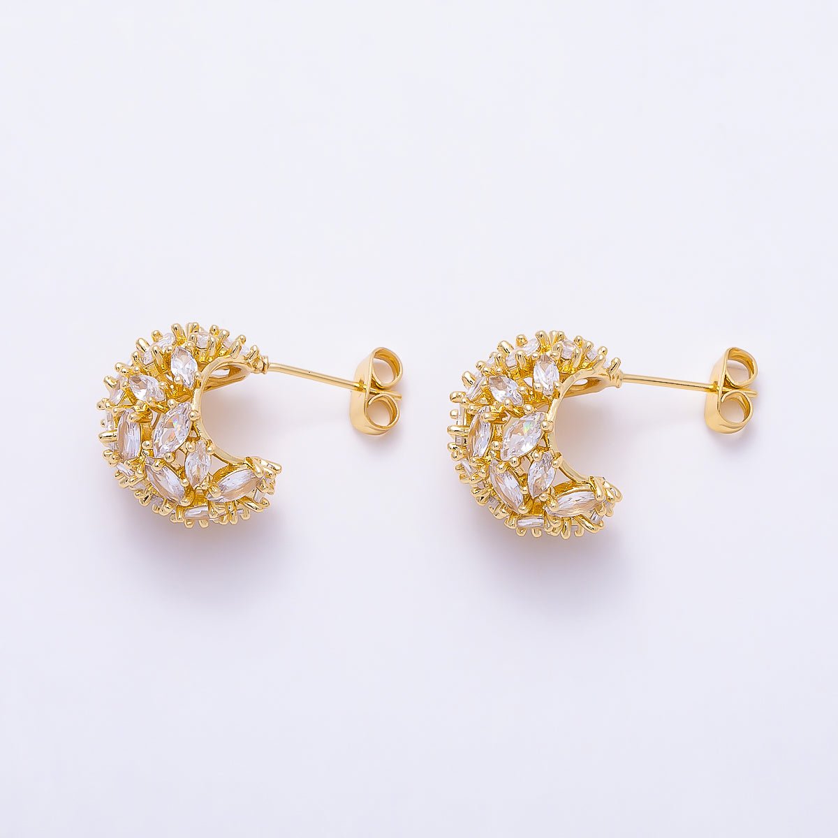 16K Gold Filled 16mm Clear CZ Marquise Cluster C-Shaped Dome Hoop | Earrings-00723