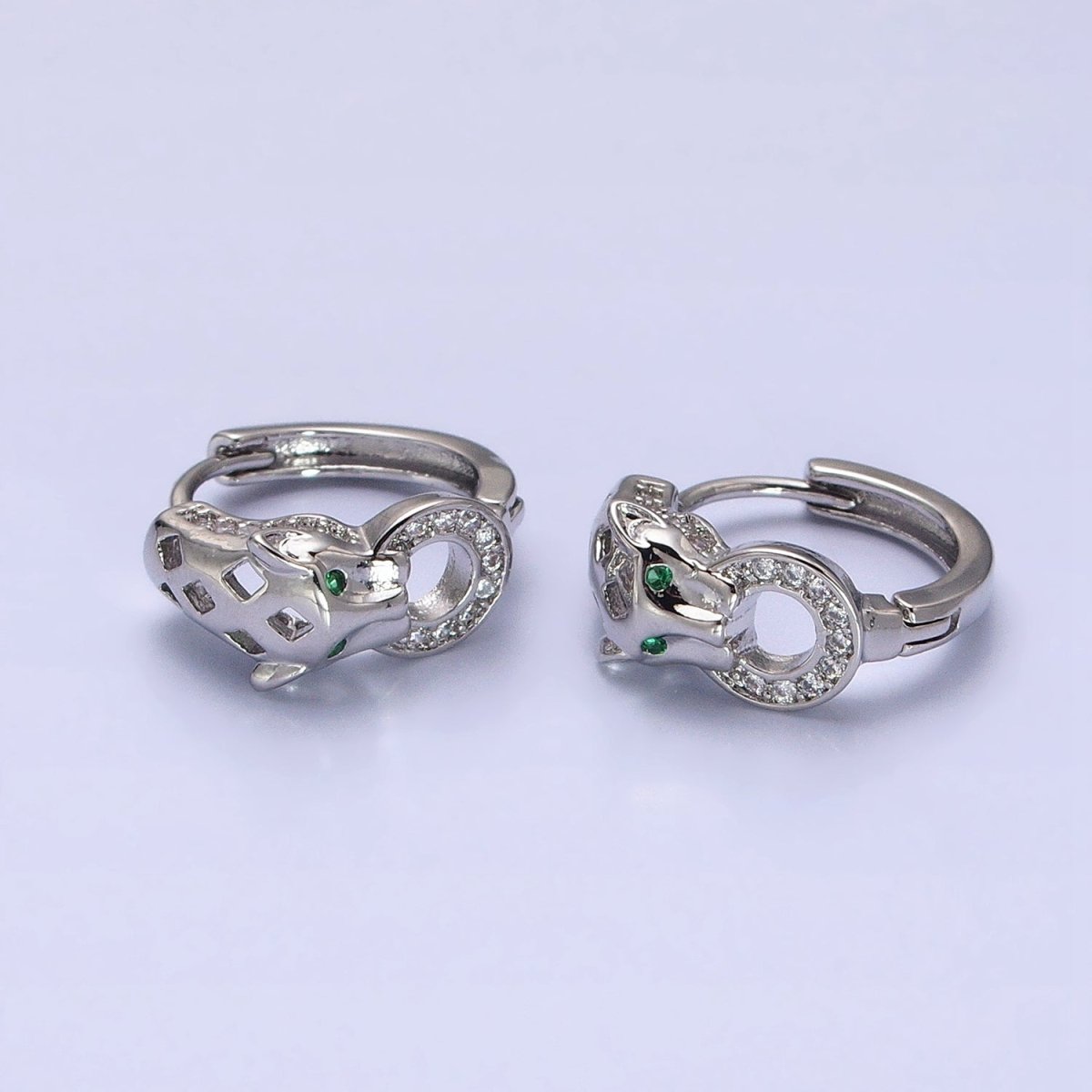 16K Gold Filled 16mm Green-Eyed Panther Leopard Filigree Micro Paved Round Huggie Earrings in Silver & Gold | AB647 AB920