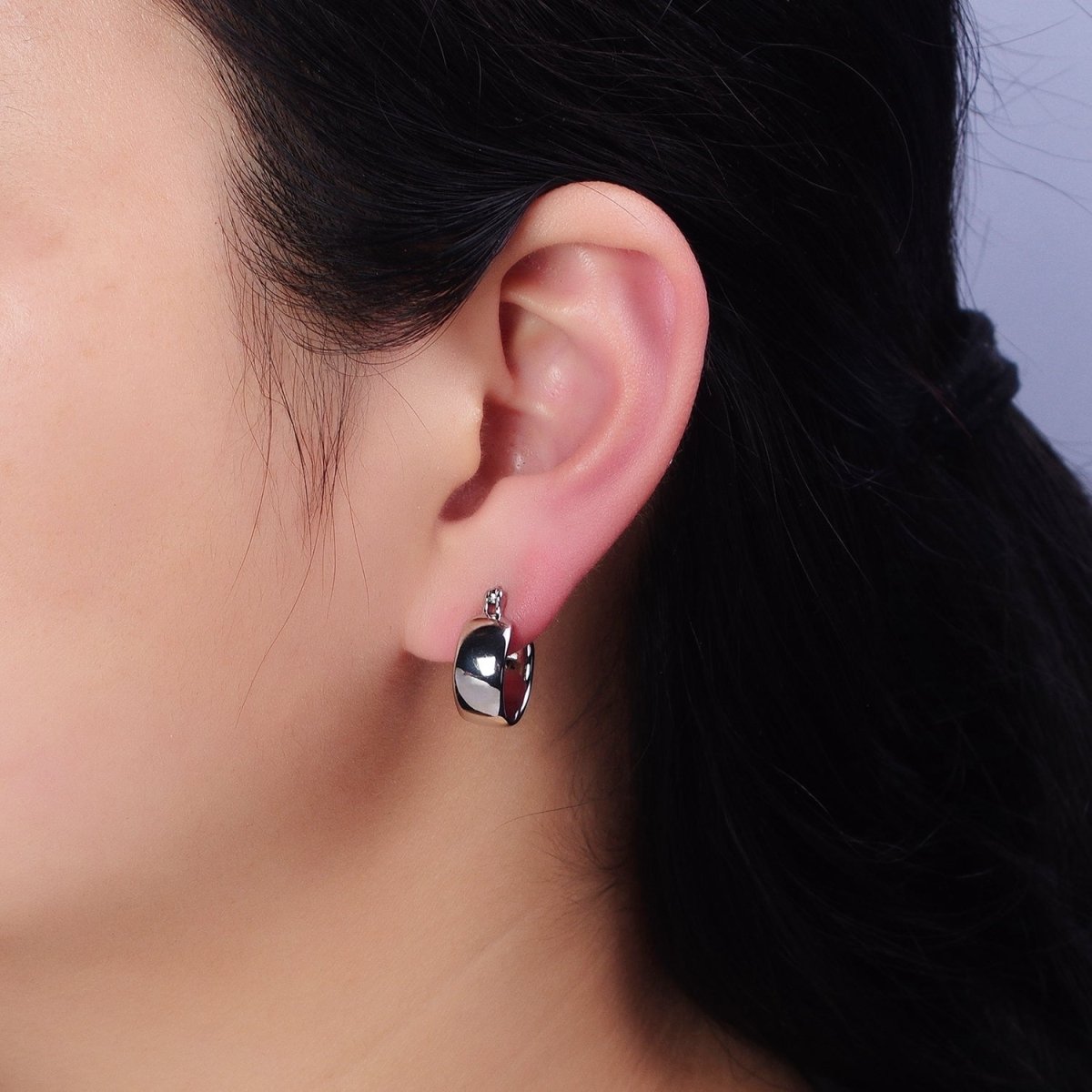 16K Gold Filled 16mm Wide Chubby Dome French Lock Latch Earrings Silver | AD842