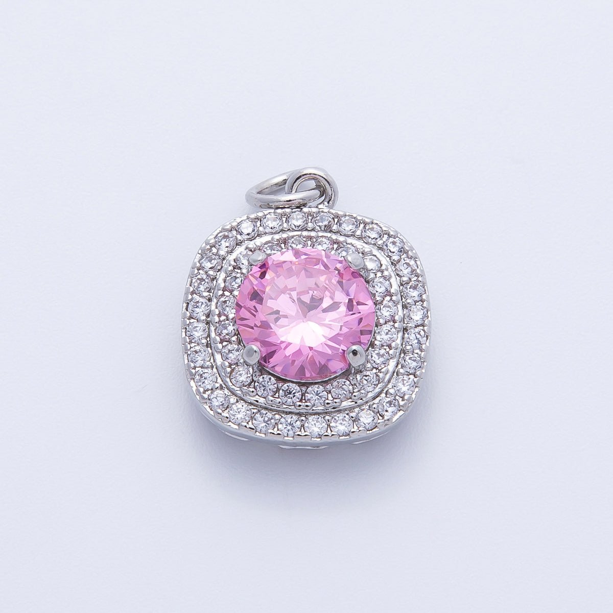 16K Gold Filled 17mm Pink Round Clear Micro Paved CZ Square Charm in Gold & Silver | Charms-00291 Charms-00292