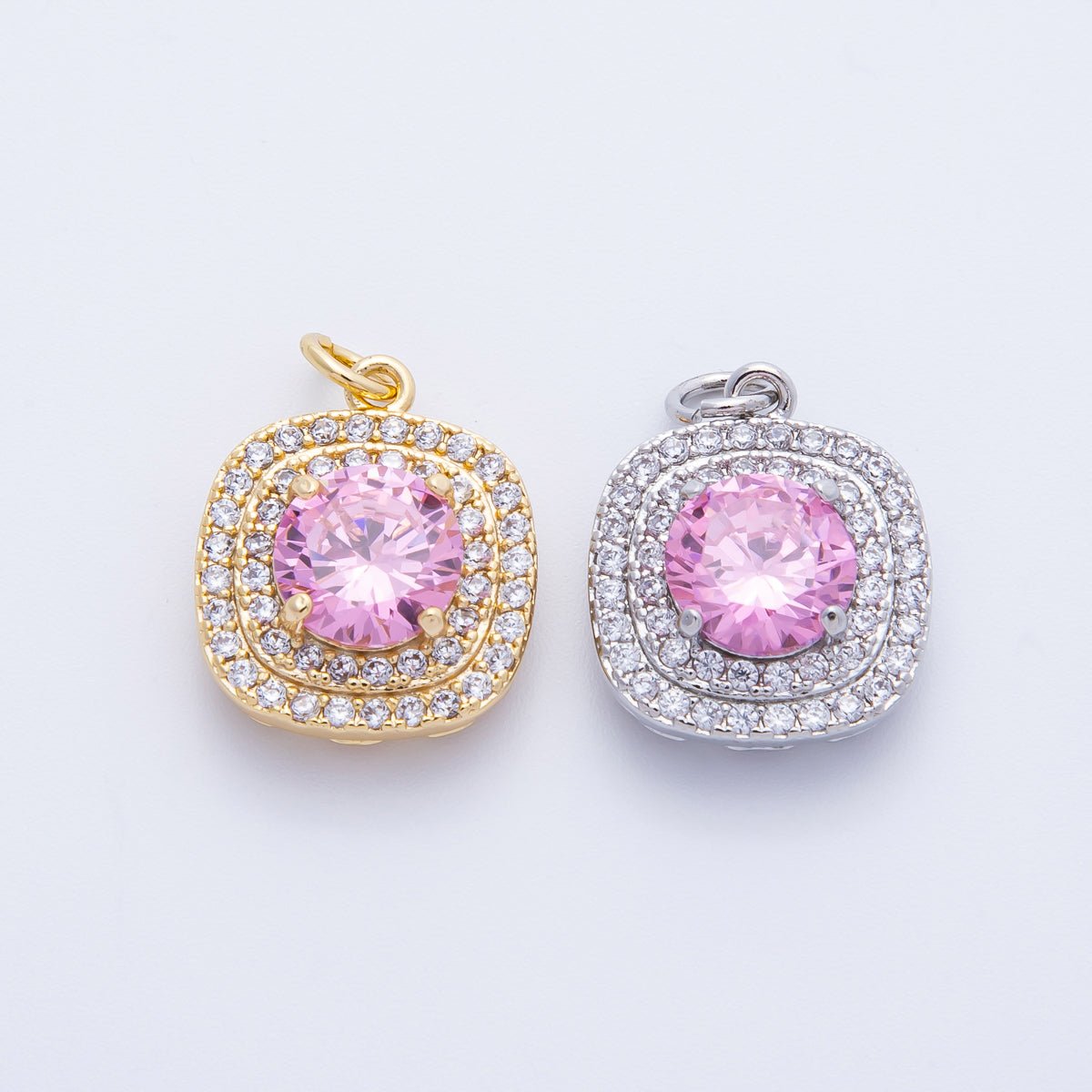 16K Gold Filled 17mm Pink Round Clear Micro Paved CZ Square Charm in Gold & Silver | Charms-00291 Charms-00292