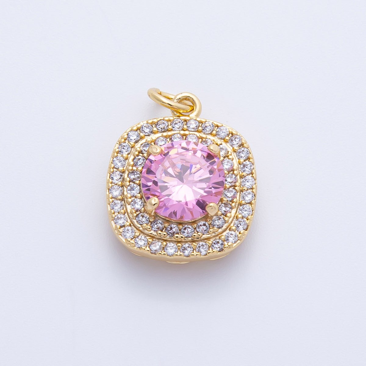 16K Gold Filled 17mm Pink Round Clear Micro Paved CZ Square Charm in Gold & Silver | Charms-00291 Charms-00292