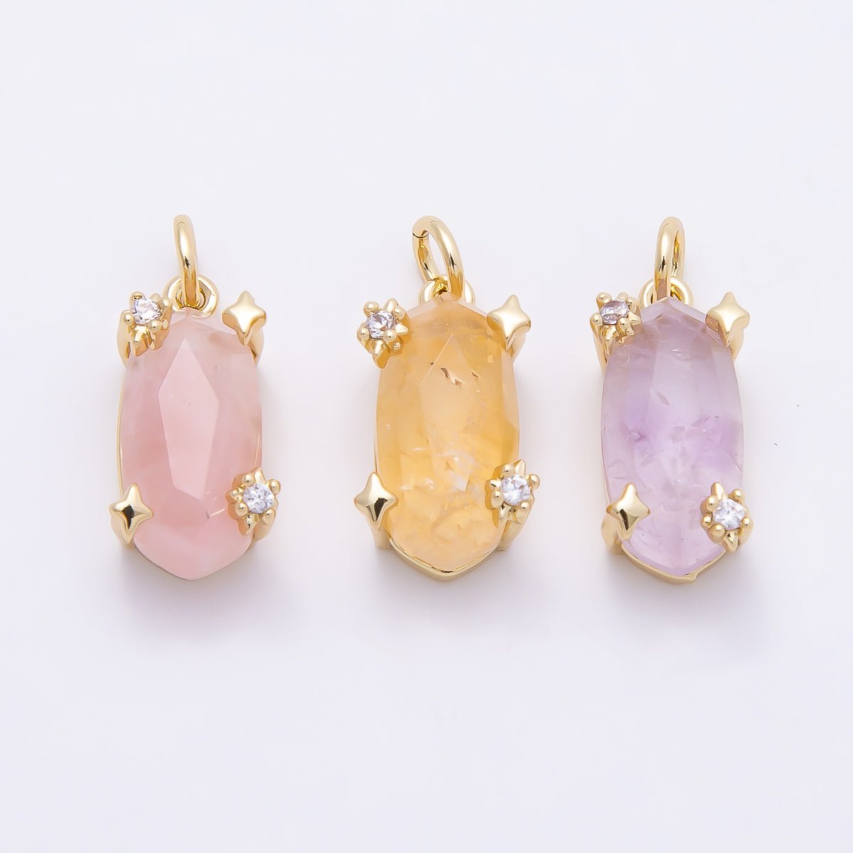 16K Gold Filled 17mm Rose Quartz, Amethyst, Citrine Multifaceted Oval Gemstone CZ Pendant | Charms-01009 - Charms-01011