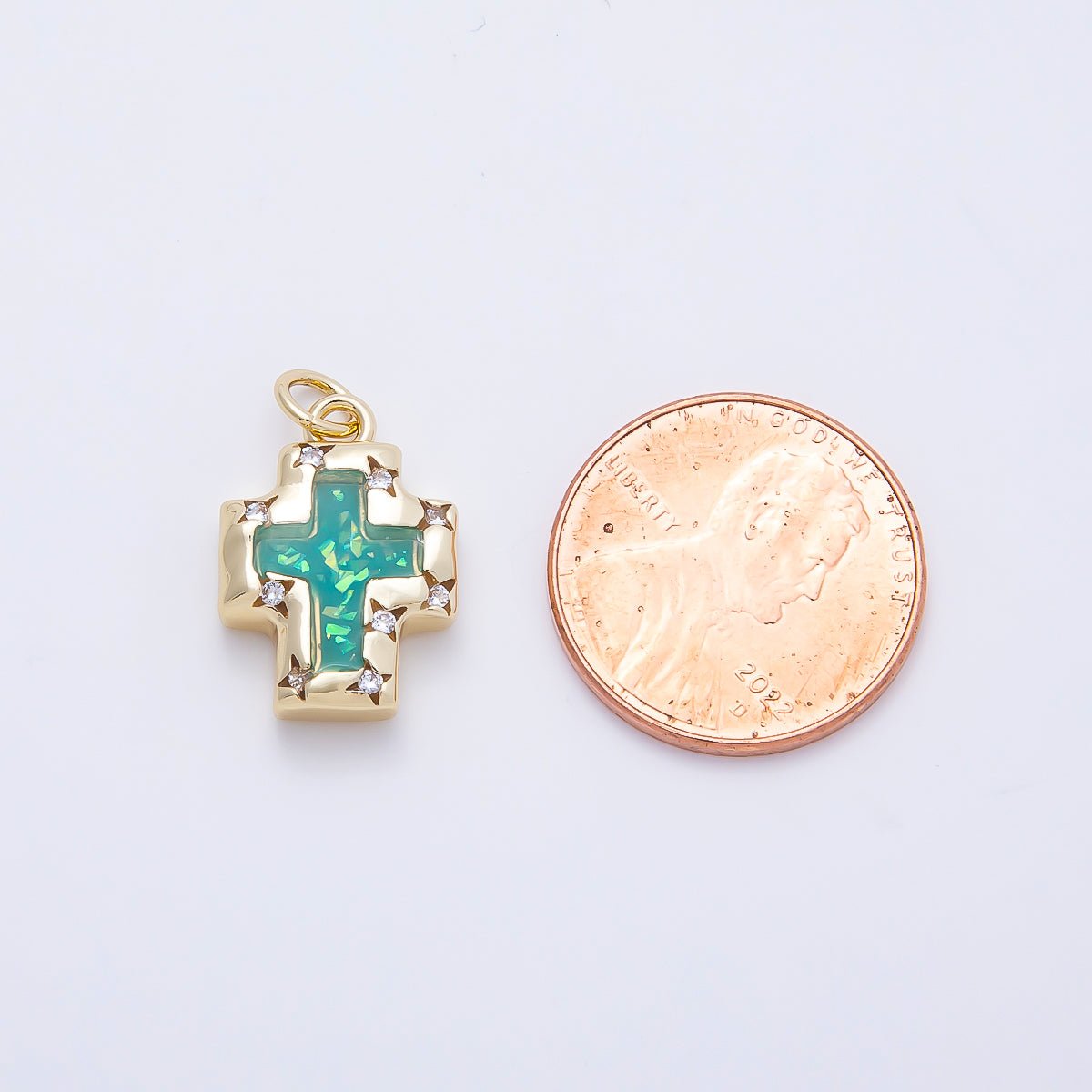16K Gold Filled 17mm Teal Opal Clear CZ Star Dotted Bezel Religious Cross Charm | Charms-01247