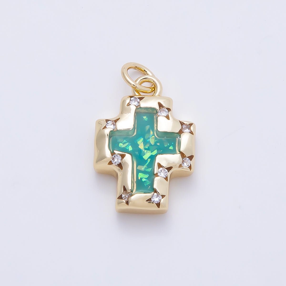 16K Gold Filled 17mm Teal Opal Clear CZ Star Dotted Bezel Religious Cross Charm | Charms-01247