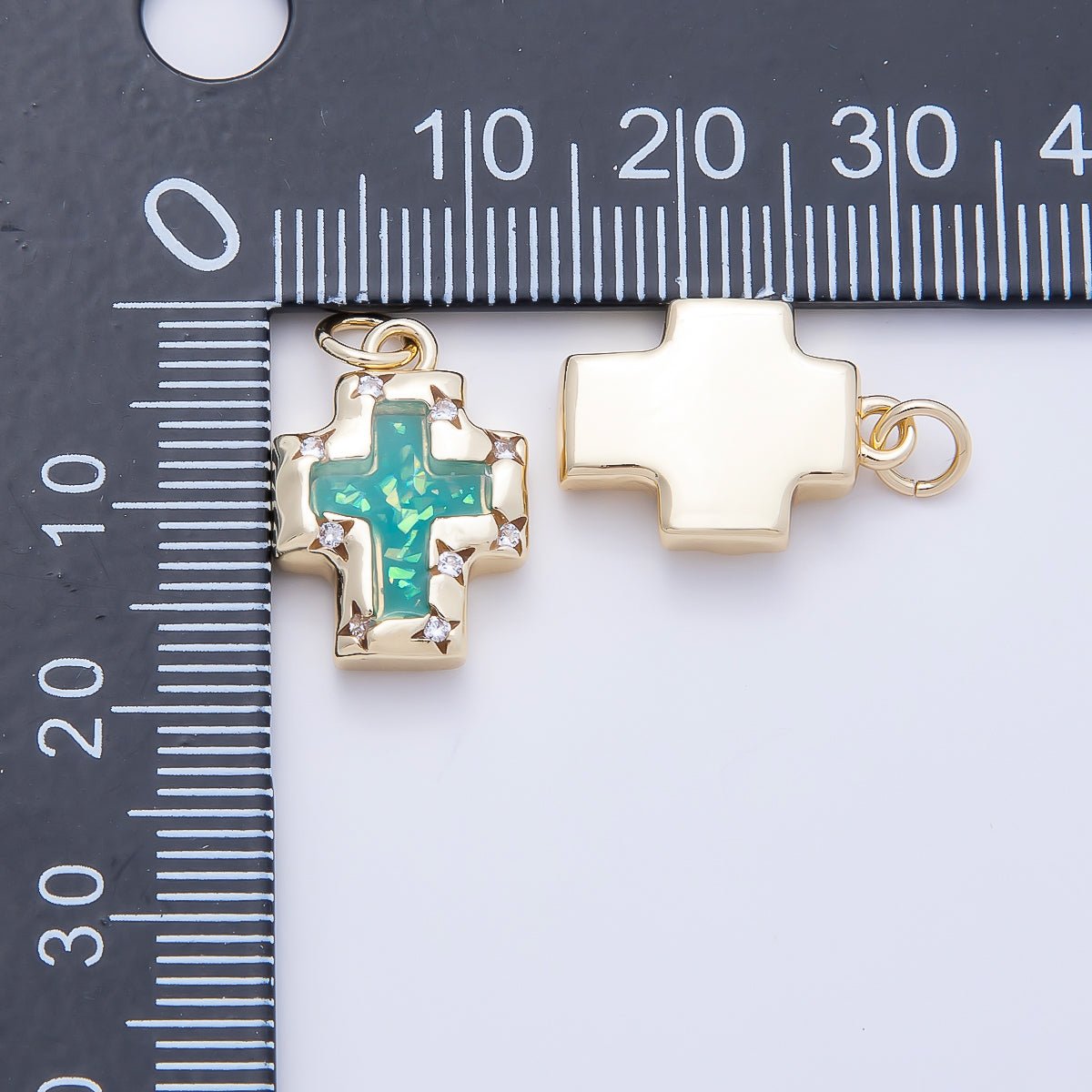 16K Gold Filled 17mm Teal Opal Clear CZ Star Dotted Bezel Religious Cross Charm | Charms-01247