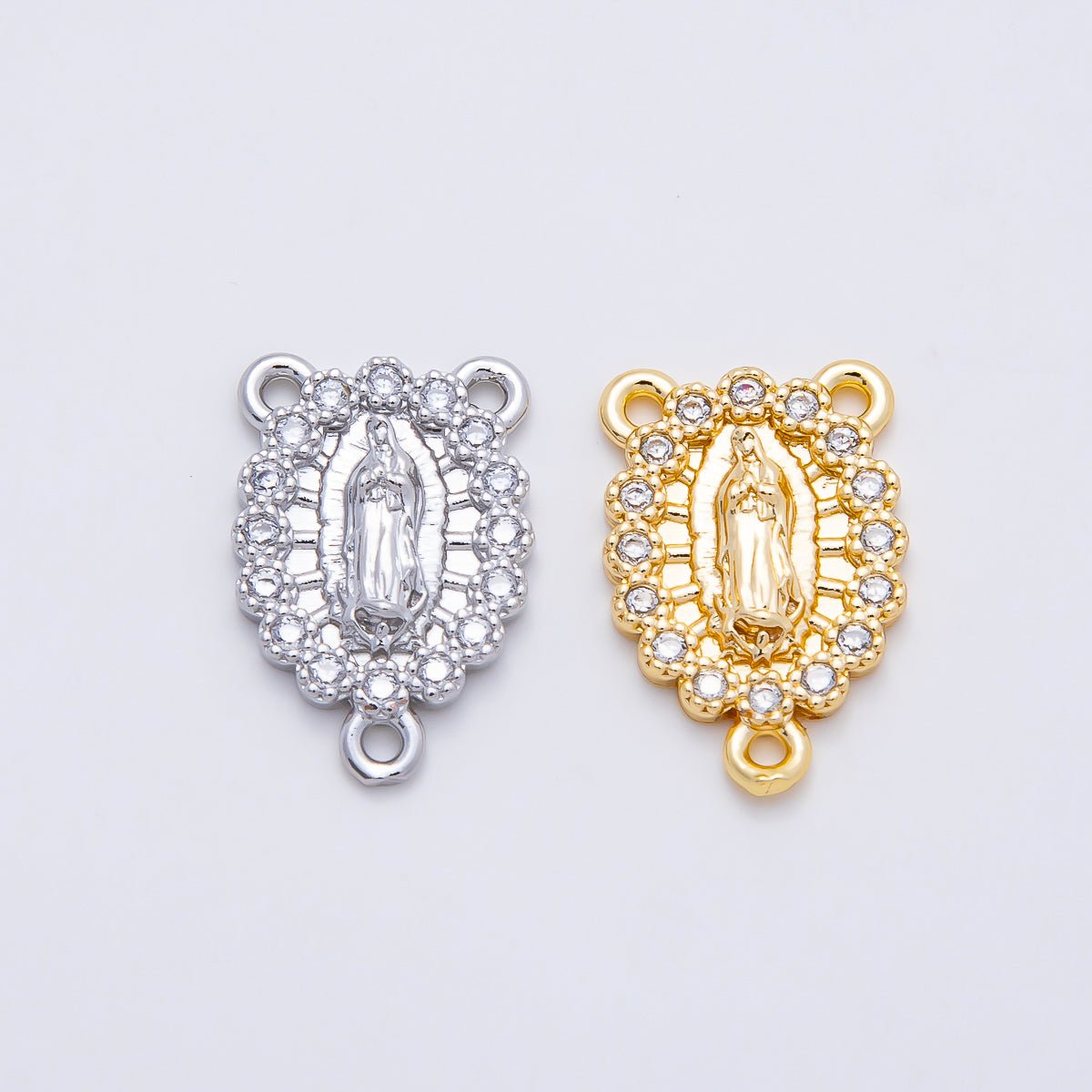 16K Gold Filled 18.5mm Mother Mary Lady of Guadalupe Micro Paved CZ Oval Rosary Center in Gold & Silver | Connectors-00028 Connectors-00029