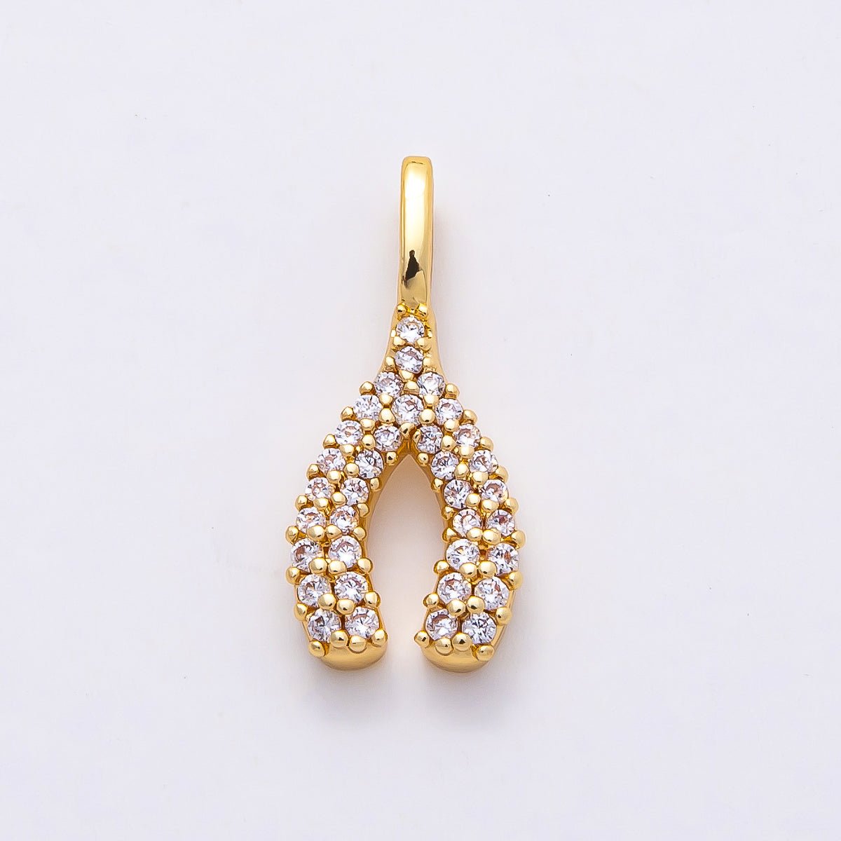 16K Gold Filled 18mm Clear Micro Paved CZ Wishbone Lucky Mini Pendant | Charms-00848