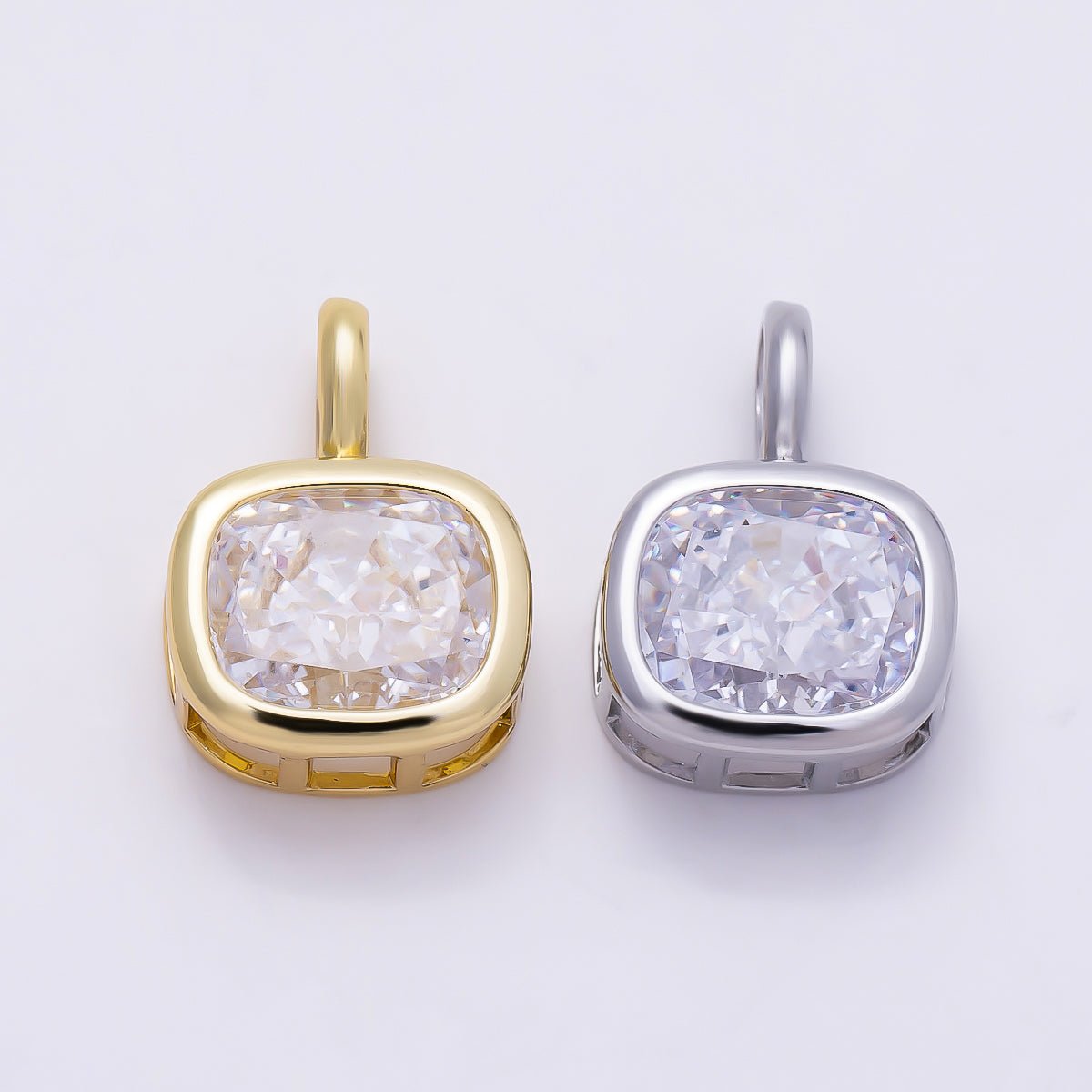 16K Gold Filled 19.5mm Baguette CZ Rounded Bezel Solitaire Pendant in Gold & Silver | Charms-01270 Charms-01271