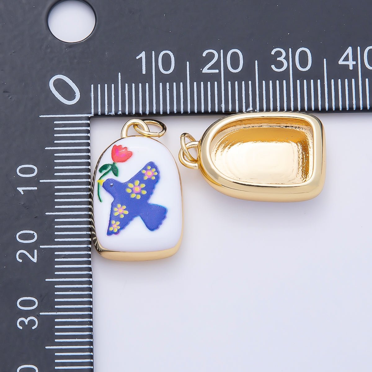 16K Gold Filled 20mm Bird Dove of Peace with Flower Plant Enamel Charm | Charms-01240