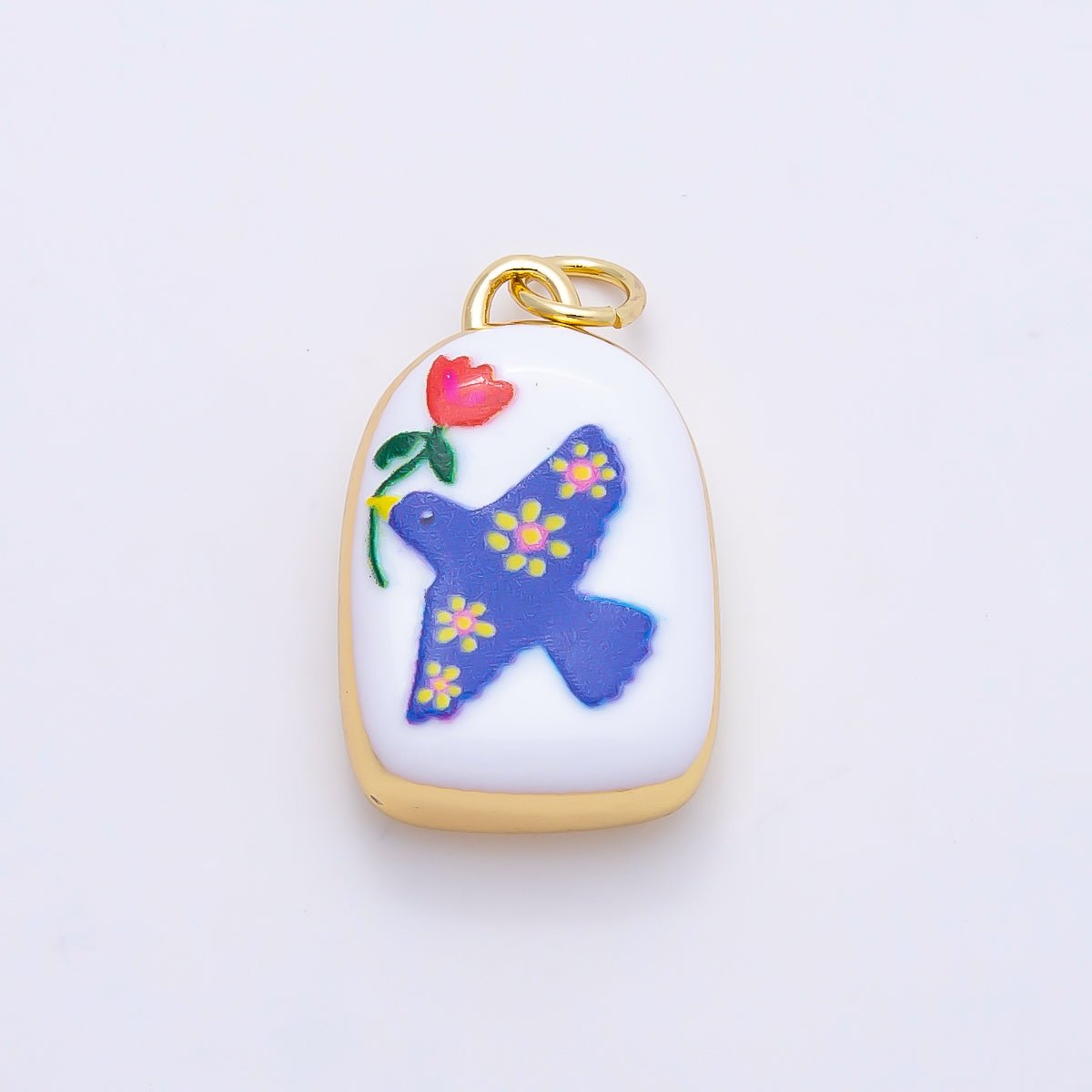 16K Gold Filled 20mm Bird Dove of Peace with Flower Plant Enamel Charm | Charms-01240