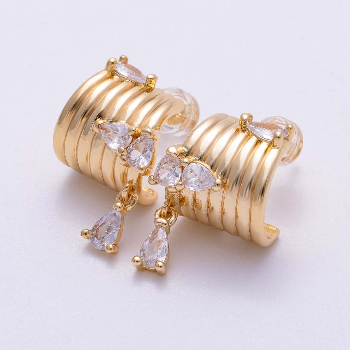 16K Gold Filled 20mm Clear Teardrop CZ Drop Wide Ribbed C-Shaped Hoop Earrings | Earrings-00324