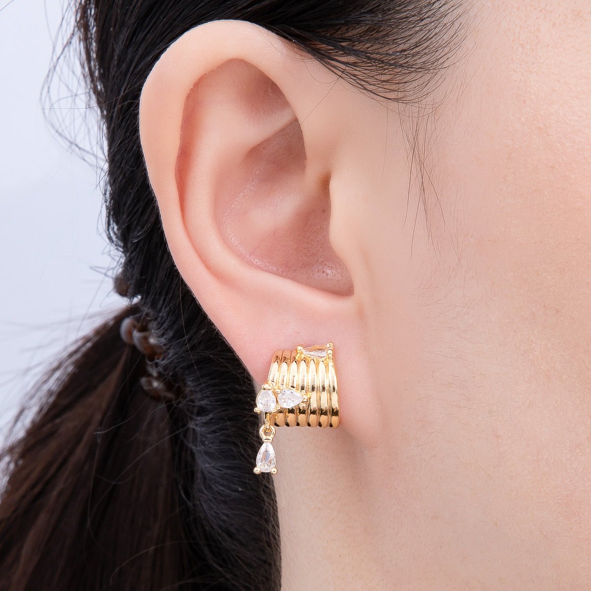 16K Gold Filled 20mm Clear Teardrop CZ Drop Wide Ribbed C-Shaped Hoop Earrings | Earrings-00324