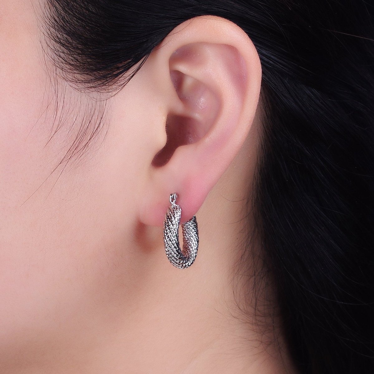 16K Gold Filled 20mm Rope Line Textured Tube Hoop Latch Earrings in Gold & Silver | AD802 AD803