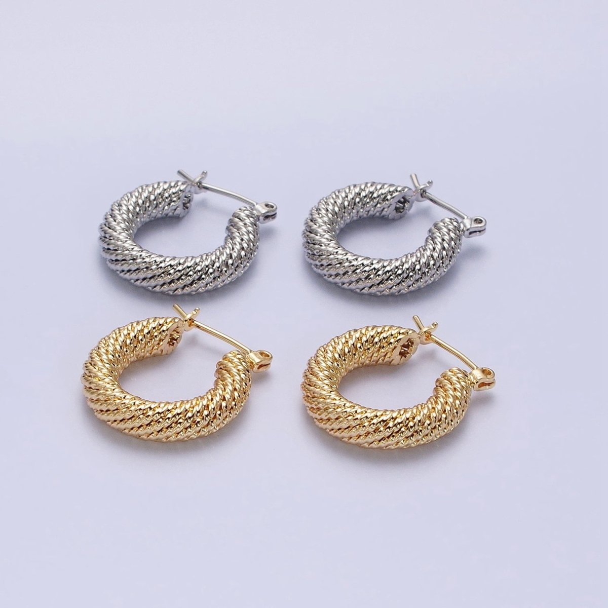 16K Gold Filled 20mm Rope Line Textured Tube Hoop Latch Earrings in Gold & Silver | AD802 AD803