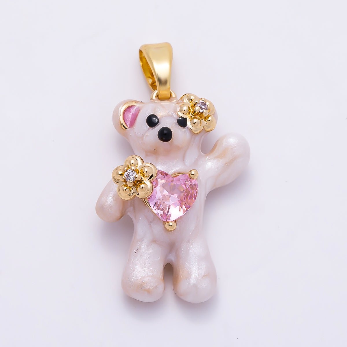 16K Gold Filled 21mm CZ Enamel Pink Heart Flower Teddy Bear Pendant | Charms-01279