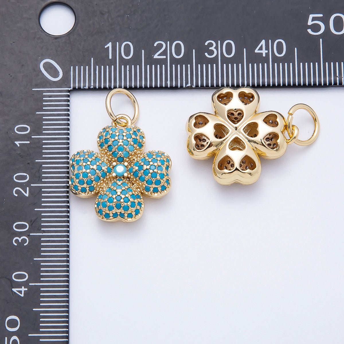 16K Gold Filled 22mm Turquoise, Clear Micro Paved CZ Lucky Leaf Clover Charm | Charms-00661 Charms-00662