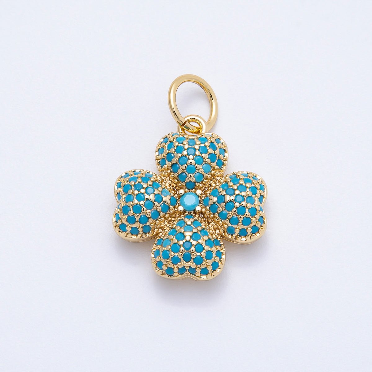 16K Gold Filled 22mm Turquoise, Clear Micro Paved CZ Lucky Leaf Clover Charm | Charms-00661 Charms-00662