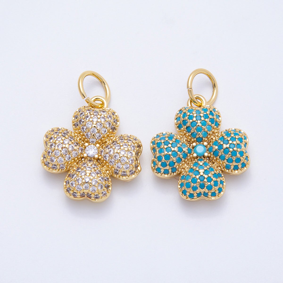 16K Gold Filled 22mm Turquoise, Clear Micro Paved CZ Lucky Leaf Clover Charm | Charms-00661 Charms-00662