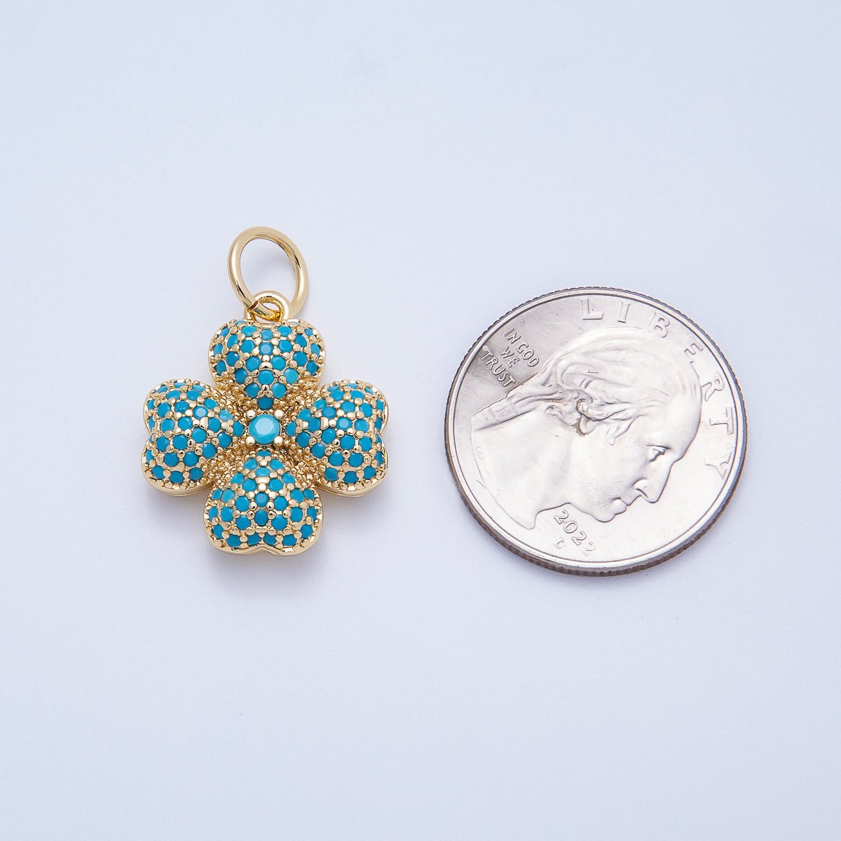 16K Gold Filled 22mm Turquoise, Clear Micro Paved CZ Lucky Leaf Clover Charm | Charms-00661 Charms-00662