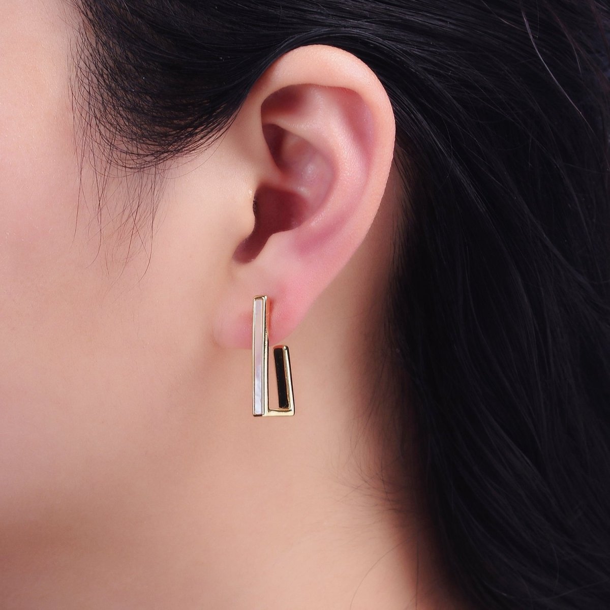 16K Gold Filled 24.5mm Shell Pearl Lined Boxy J-Shaped Hoop Earrings in Gold & Silver | AD-333 AD-334