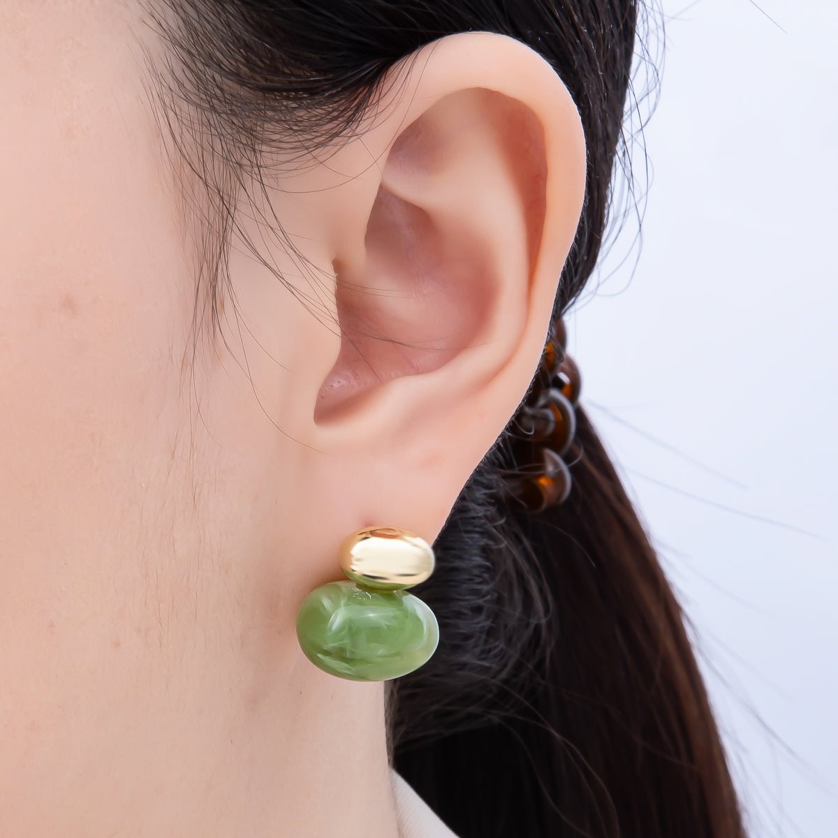 16K Gold Filled 24mm Green, Brown, White Resin Oval Drop Stud Earrings | Earrings-00370 ~ Earrings-00373