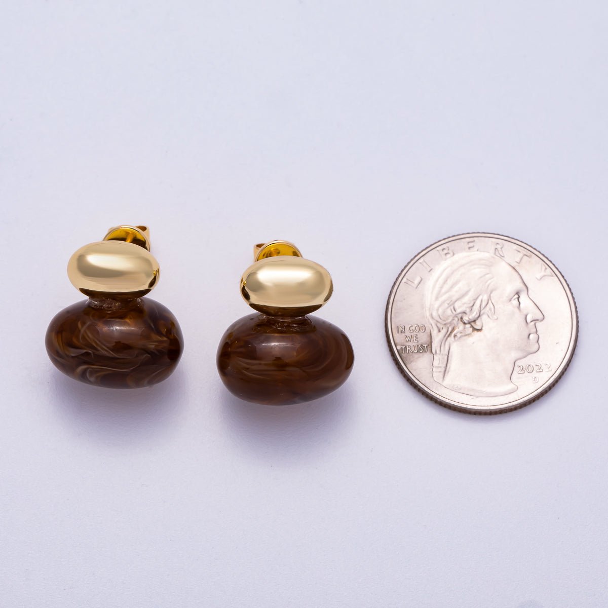 16K Gold Filled 24mm Green, Brown, White Resin Oval Drop Stud Earrings | Earrings-00370 ~ Earrings-00373