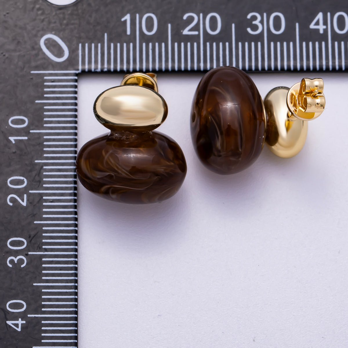 16K Gold Filled 24mm Green, Brown, White Resin Oval Drop Stud Earrings | Earrings-00370 ~ Earrings-00373