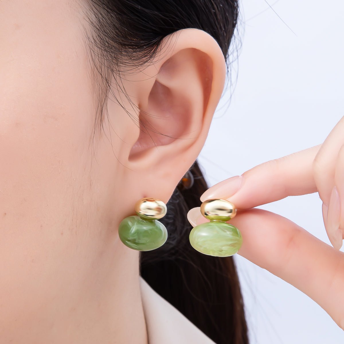 16K Gold Filled 24mm Green, Brown, White Resin Oval Drop Stud Earrings | Earrings-00370 ~ Earrings-00373