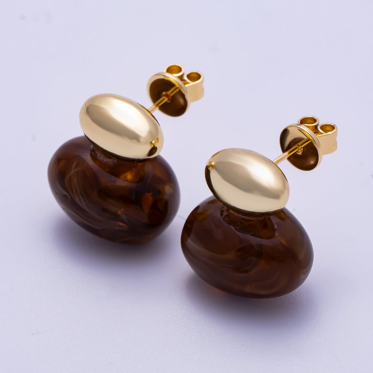 16K Gold Filled 24mm Green, Brown, White Resin Oval Drop Stud Earrings | Earrings-00370 ~ Earrings-00373