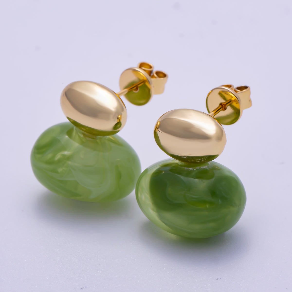 16K Gold Filled 24mm Green, Brown, White Resin Oval Drop Stud Earrings | Earrings-00370 ~ Earrings-00373