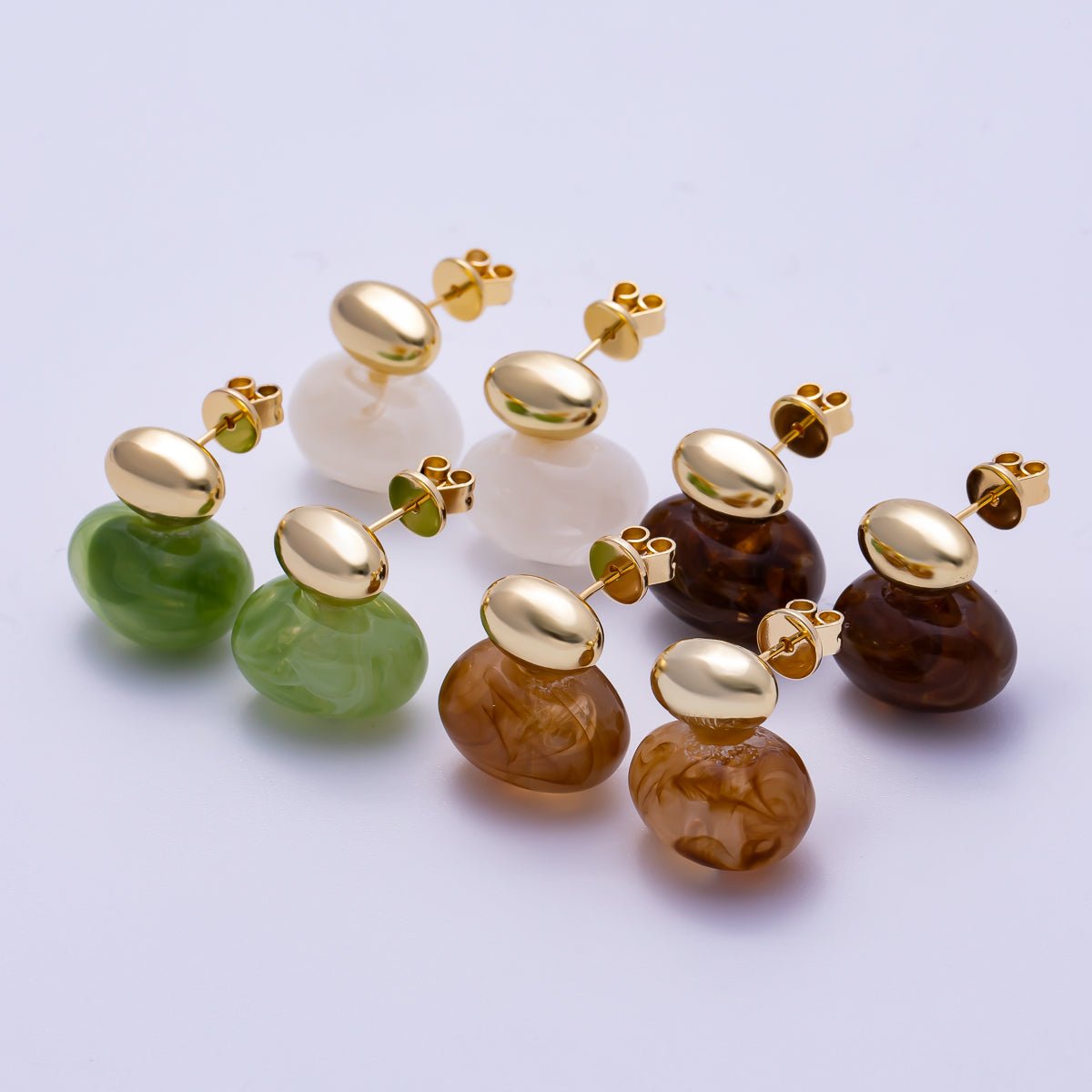 16K Gold Filled 24mm Green, Brown, White Resin Oval Drop Stud Earrings | Earrings-00370 ~ Earrings-00373