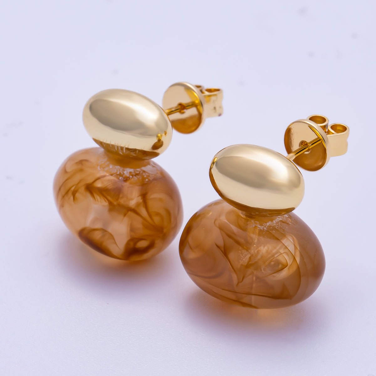 16K Gold Filled 24mm Green, Brown, White Resin Oval Drop Stud Earrings | Earrings-00370 ~ Earrings-00373