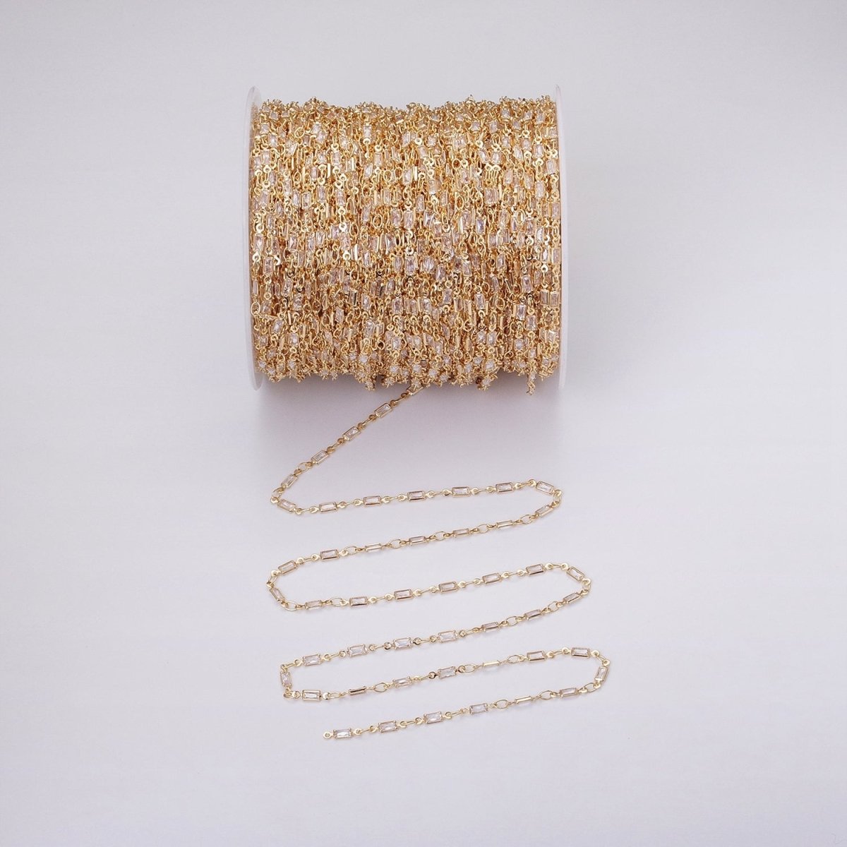 16K Gold Filled 2.5mm CZ Clear Baguette Cable Link Designed Unfinished Chain in Gold & Silver | ROLL-1340 ROLL-1375 Clearance Pricing