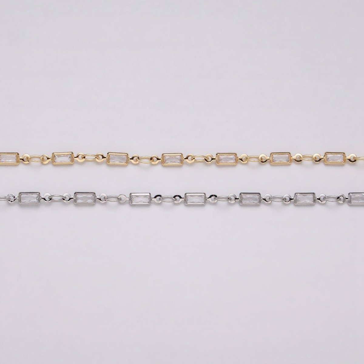 16K Gold Filled 2.5mm CZ Clear Baguette Cable Link Designed Unfinished Chain in Gold & Silver | ROLL-1340 ROLL-1375 Clearance Pricing