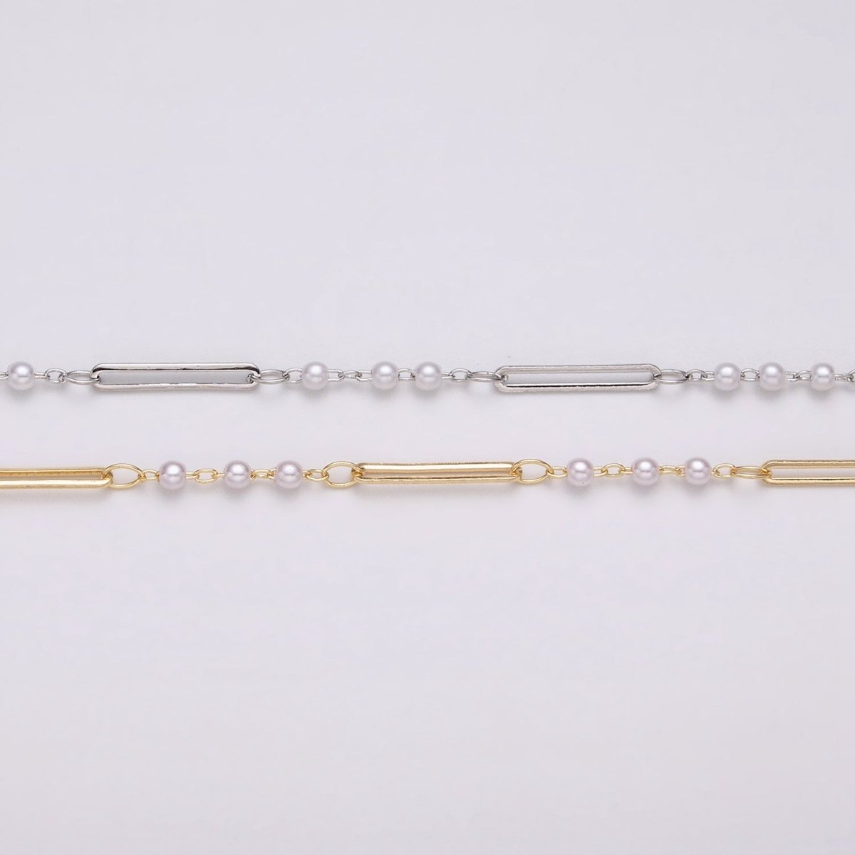 16K Gold Filled 2.5mm Designed Triple Synthetic Pearl Paperclip Link Unfinished Chain in Gold & Silver | ROLL-1335 ROLL-1336